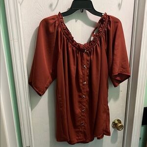 Brown Ruched Neckline Blouse with Relaxed Fit